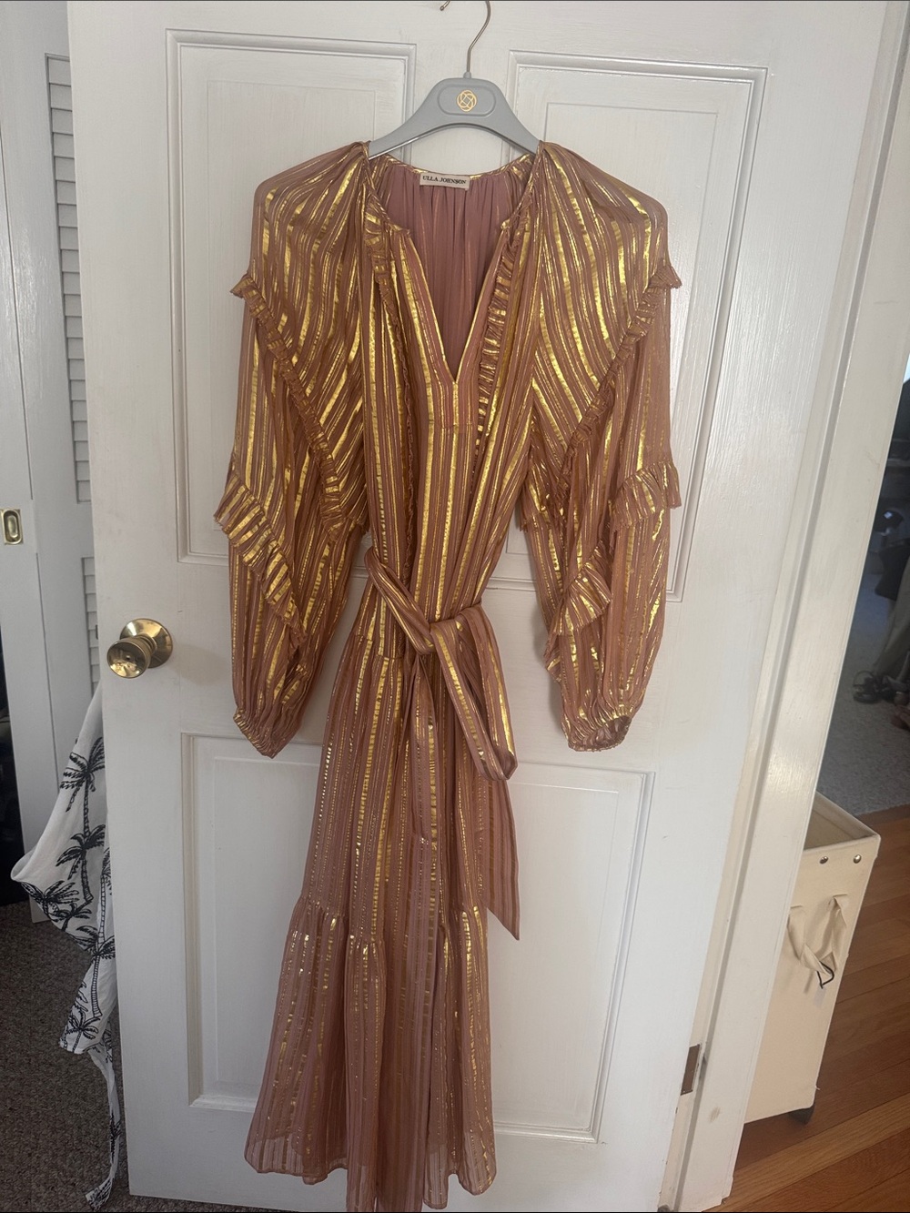 Ulla Johnson Rose Blush and Gold Metallic Stripe Maxi Dress